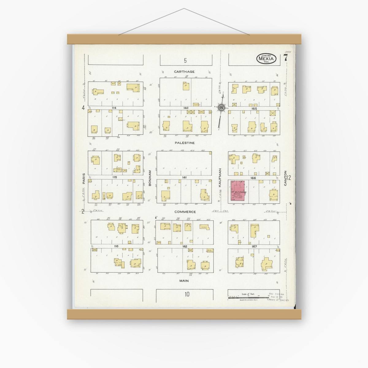Old map wall art mockup — magnetic wood frame on white wall — Sanborn Fire Insurance Map from Mexia, Limestone County, Texas (1921), Sheet #0007