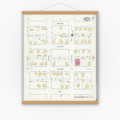 Old map wall art mockup — magnetic wood frame on white wall — Sanborn Fire Insurance Map from Mexia, Limestone County, Texas (1921), Sheet #0007