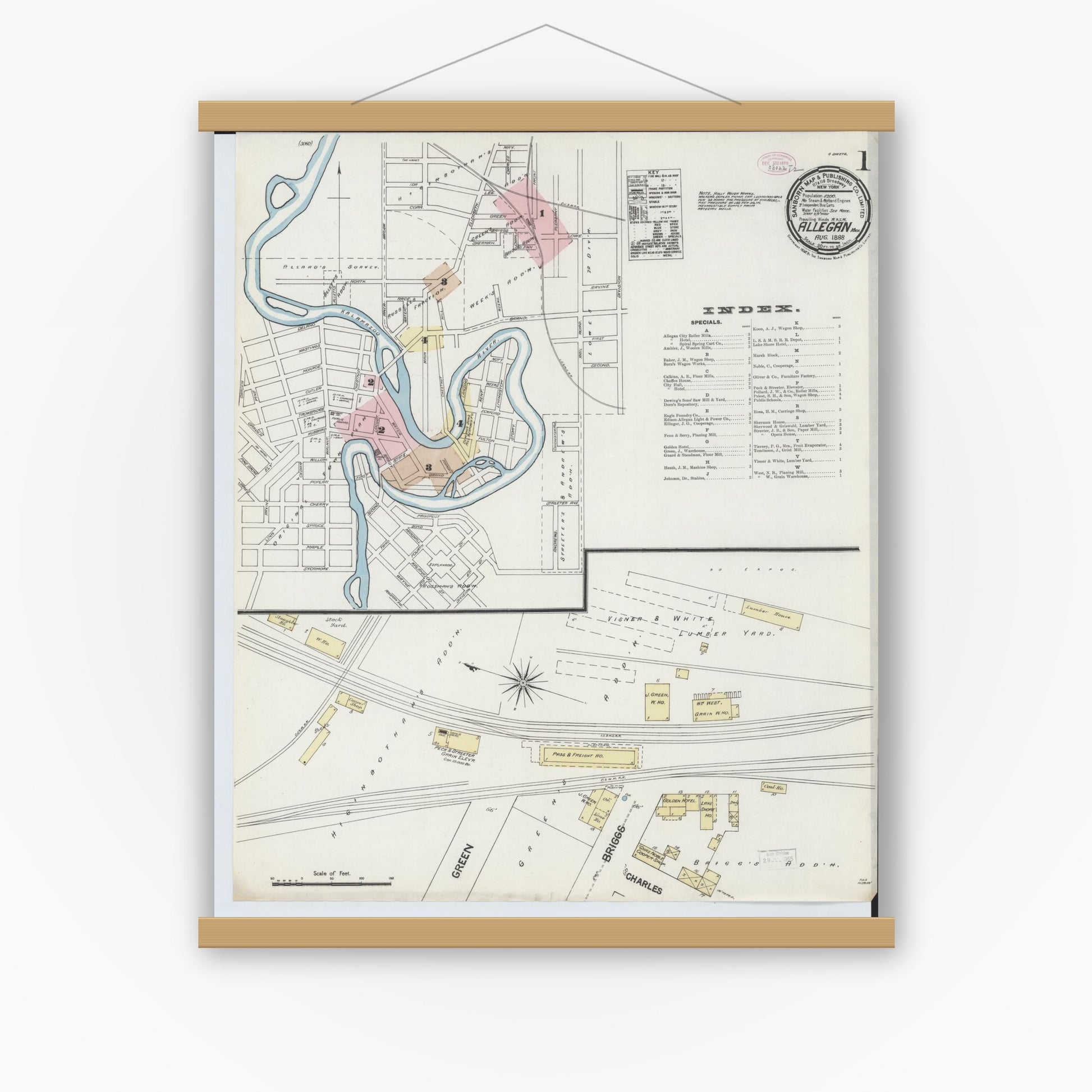 Old map wall art mockup — magnetic wood frame on white wall — Sanborn Fire Insurance Map from Allegan, Allegan County, Michigan (1888), Sheet #0001