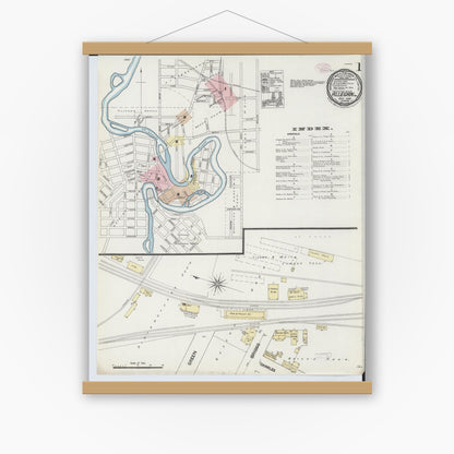 Old map wall art mockup — magnetic wood frame on white wall — Sanborn Fire Insurance Map from Allegan, Allegan County, Michigan (1888), Sheet #0001