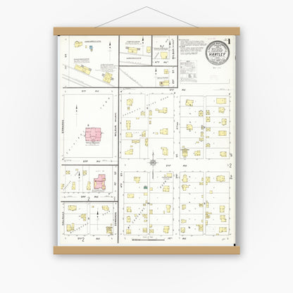 Old map wall art mockup — magnetic wood frame on white wall — Sanborn Fire Insurance Map from Hartley, O'Brien County, Iowa (1909), Sheet #0001