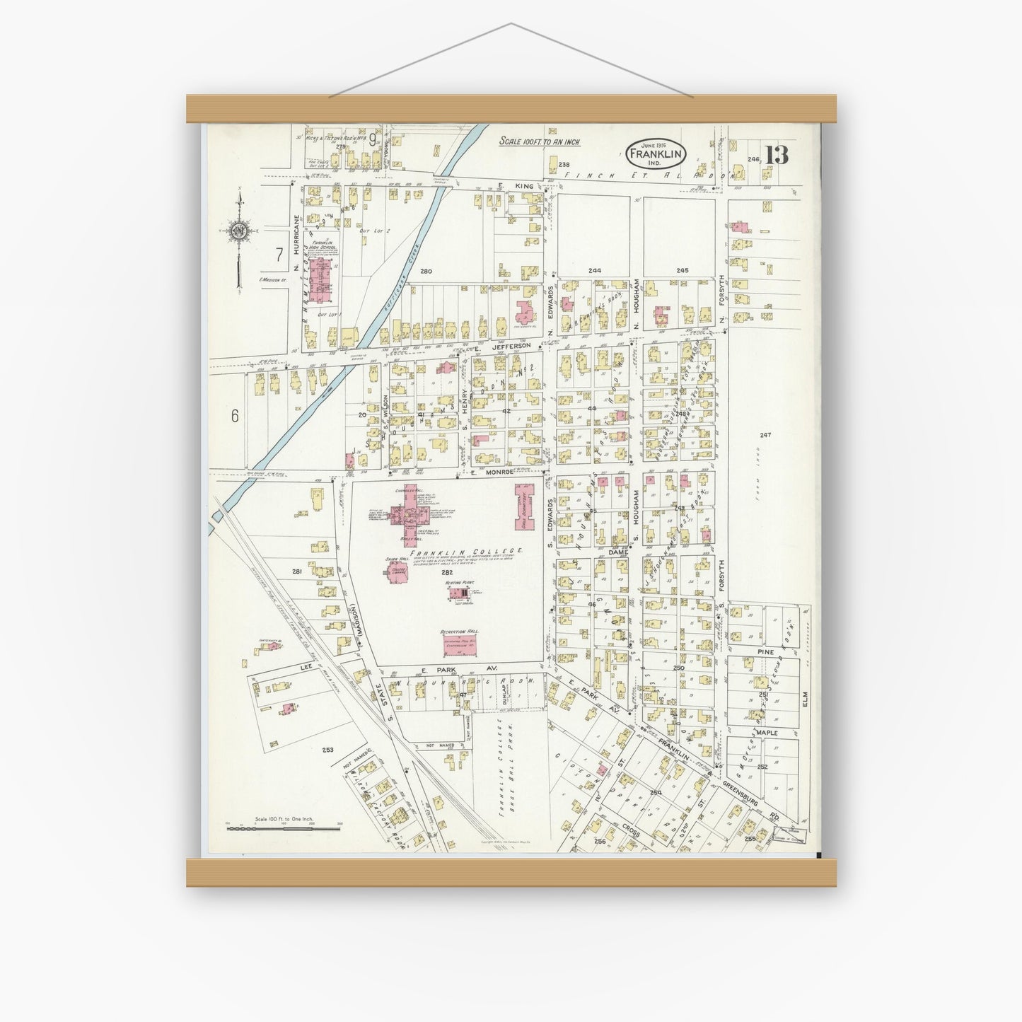 Old map wall art mockup — magnetic wood frame on white wall — Sanborn Fire Insurance Map from Franklin, Johnson County, Indiana (1916), Sheet #0013