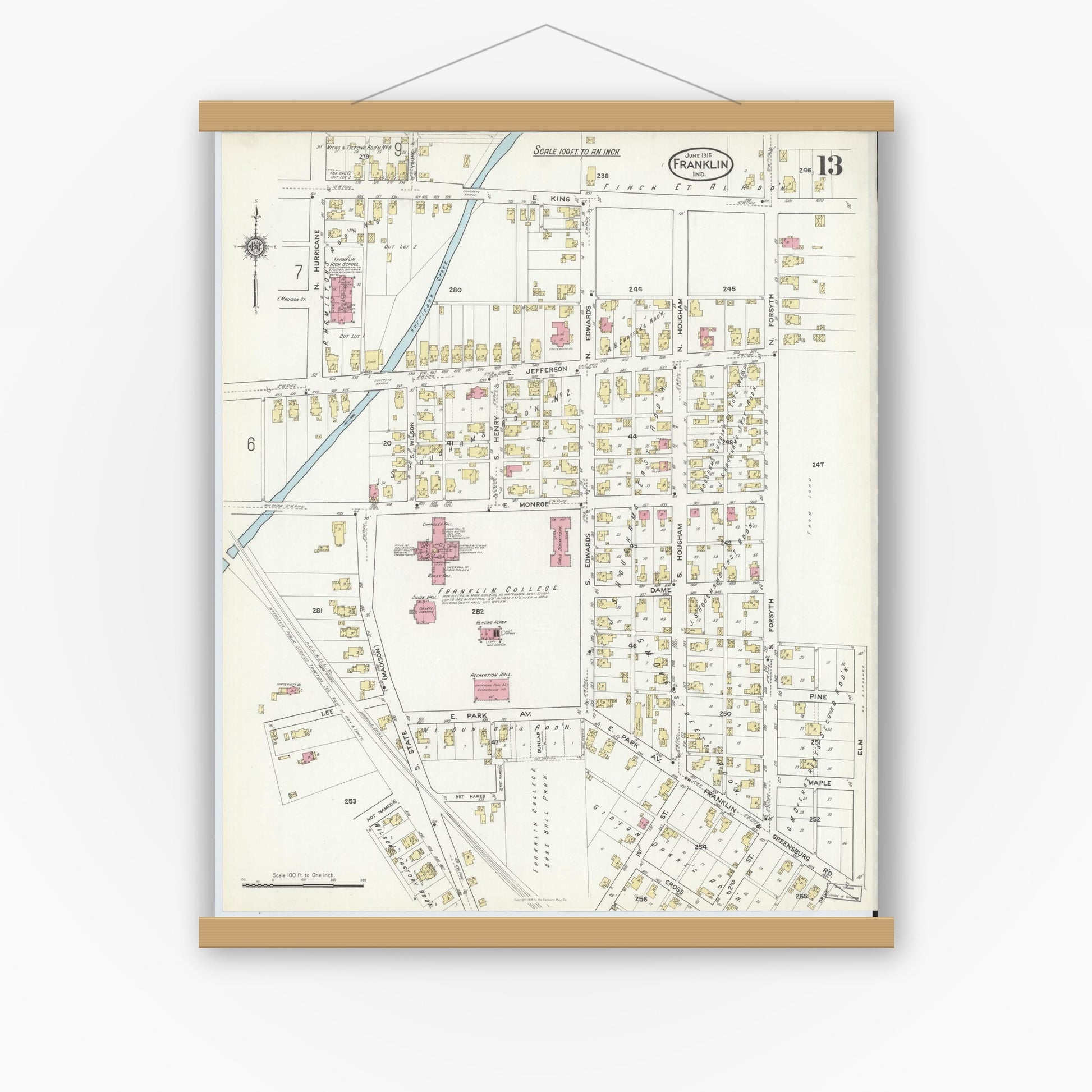 Old map wall art mockup — magnetic wood frame on white wall — Sanborn Fire Insurance Map from Franklin, Johnson County, Indiana (1916), Sheet #0013