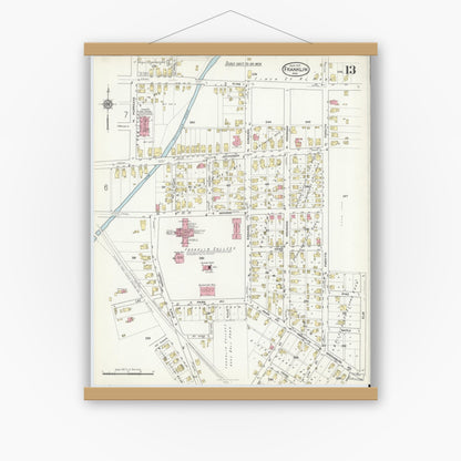 Old map wall art mockup — magnetic wood frame on white wall — Sanborn Fire Insurance Map from Franklin, Johnson County, Indiana (1916), Sheet #0013