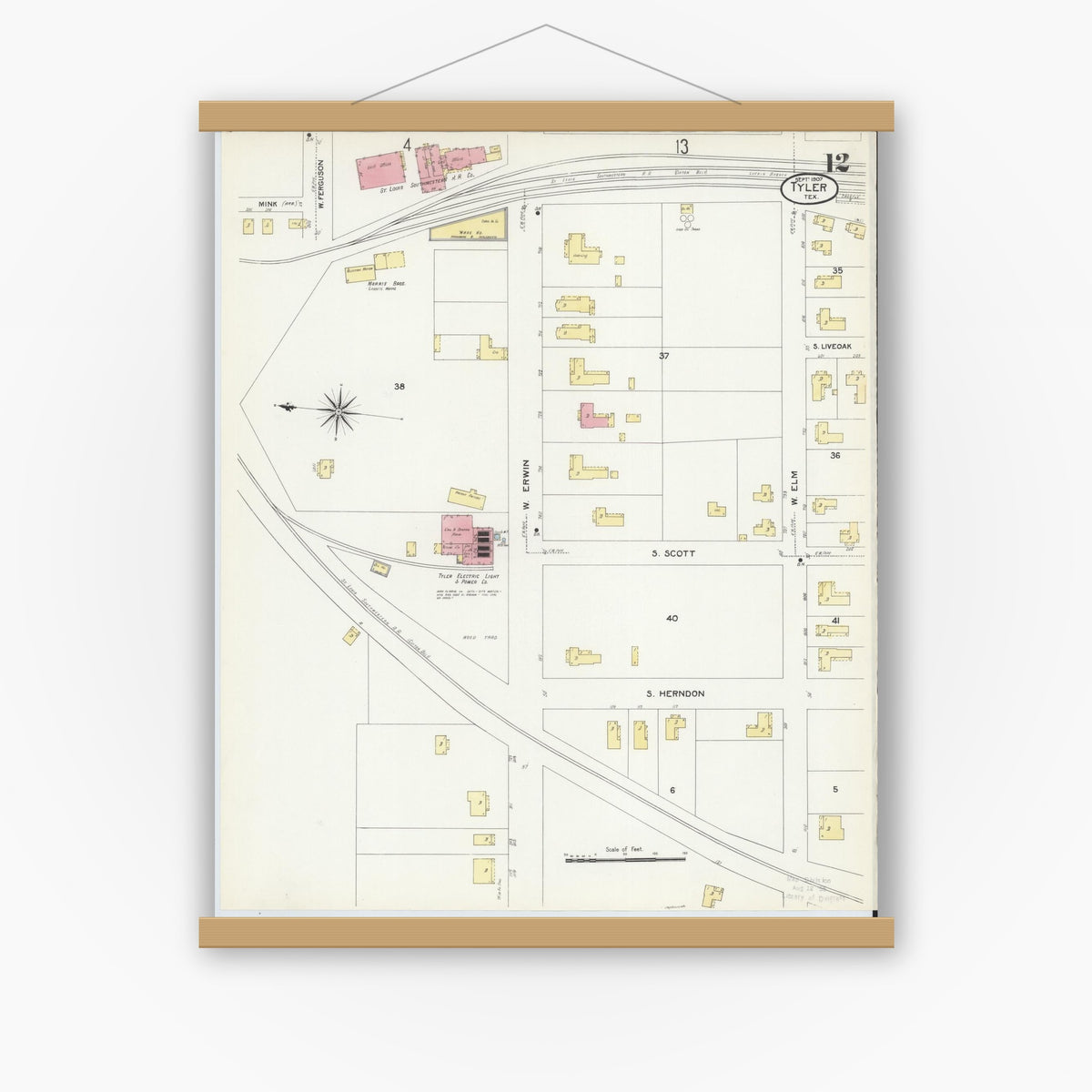 Old map wall art mockup — magnetic wood frame on white wall — Sanborn Fire Insurance Map from Tyler, Smith County, Texas (1907), Sheet #0012
