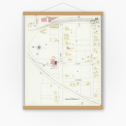 Old map wall art mockup — magnetic wood frame on white wall — Sanborn Fire Insurance Map from Tyler, Smith County, Texas (1907), Sheet #0012