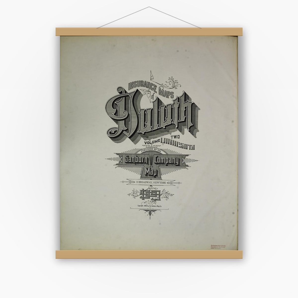 Old map wall art mockup — magnetic wood frame on white wall — Sanborn Fire Insurance Map from Duluth, Saint Louis County, Minnesota (1909), Sheet #0001