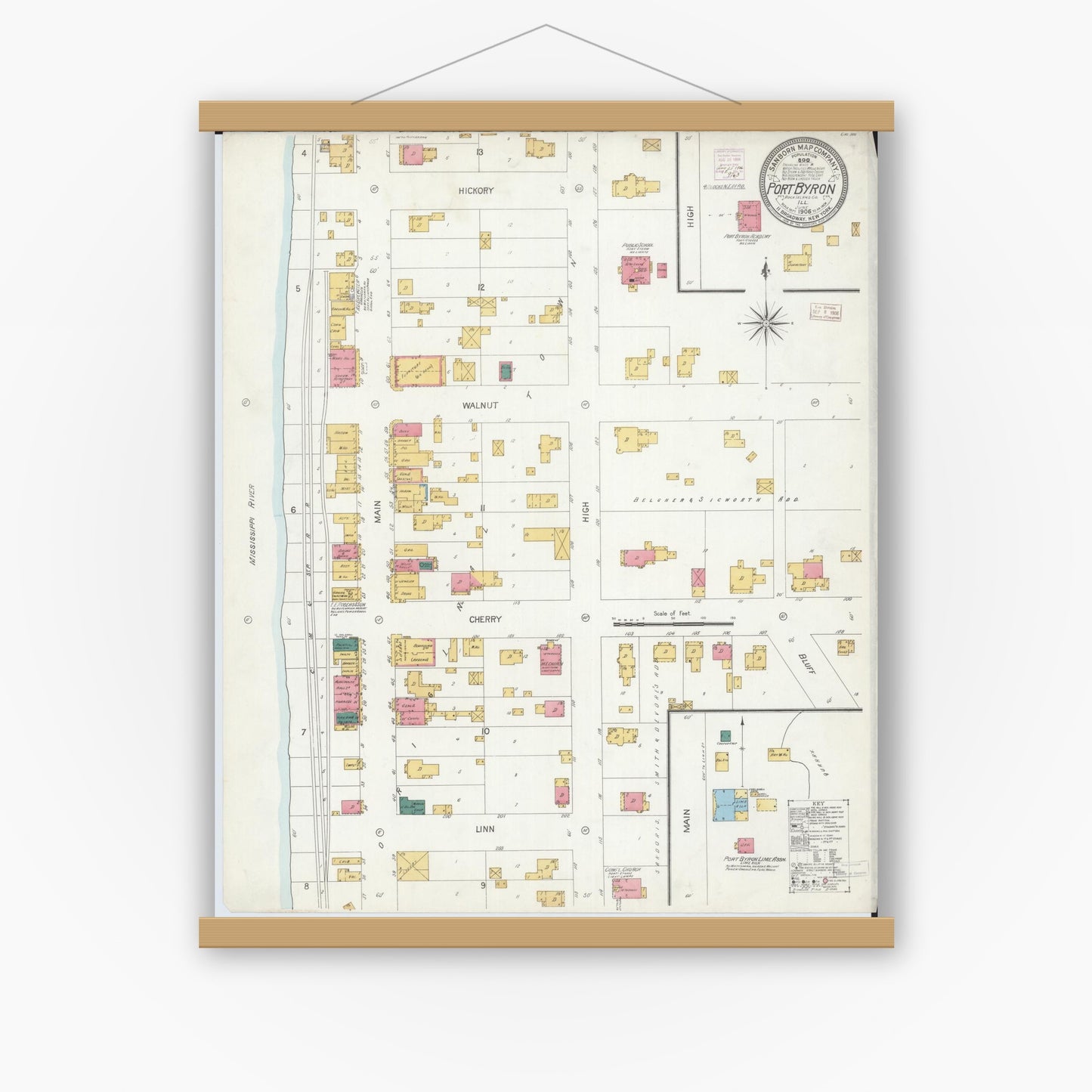 Old map wall art mockup — magnetic wood frame on white wall — Sanborn Fire Insurance Map from Port Byron, Rock Island County, Illinois (1906), Sheet #0001