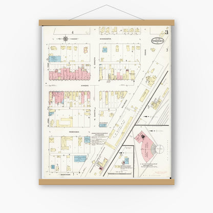 Old map wall art mockup — magnetic wood frame on white wall — Sanborn Fire Insurance Map from Hawarden, Sioux County, Iowa (1914), Sheet #0003