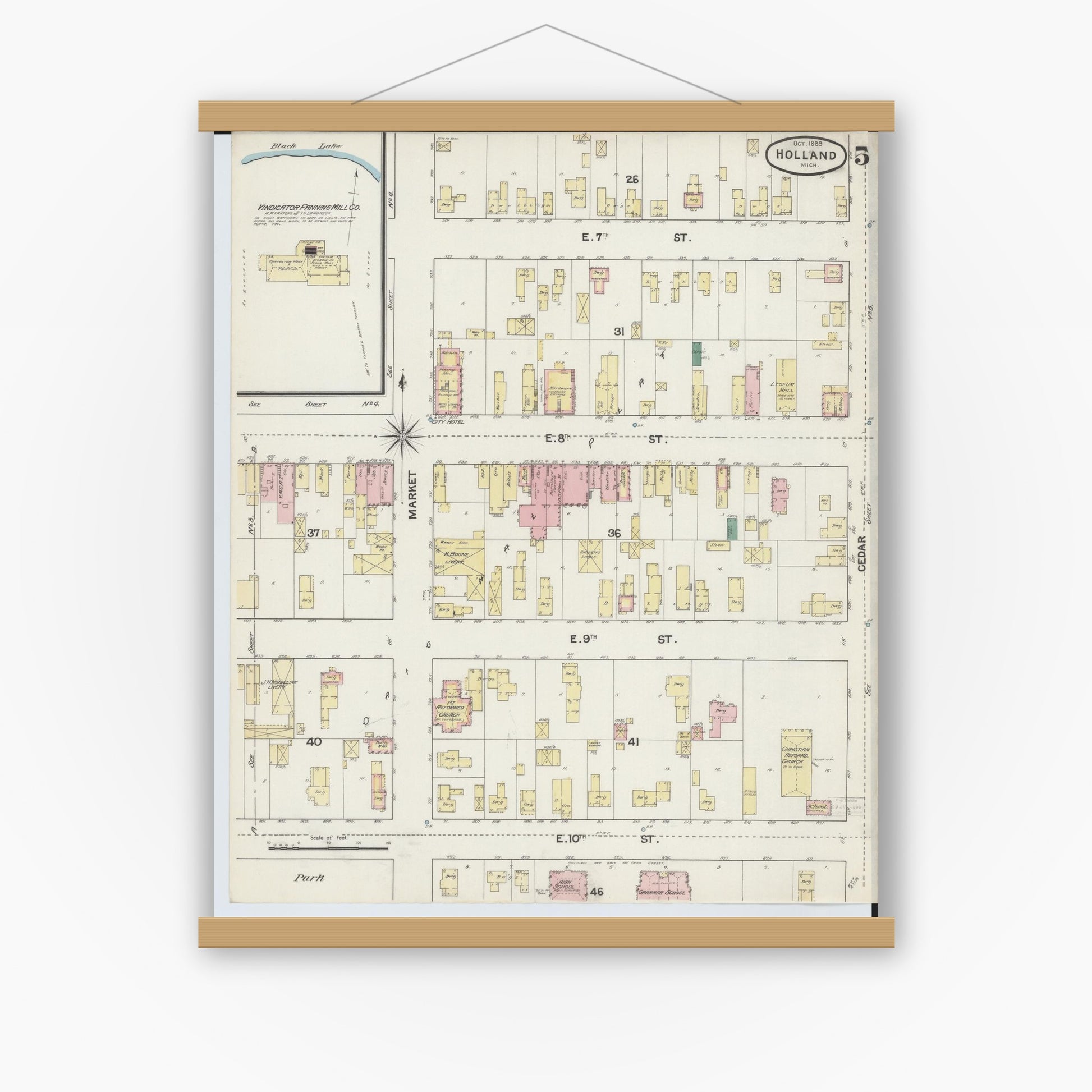 Old map wall art mockup — magnetic wood frame on white wall — Sanborn Fire Insurance Map from Holland, Ottawa County, Michigan (1889), Sheet #0005