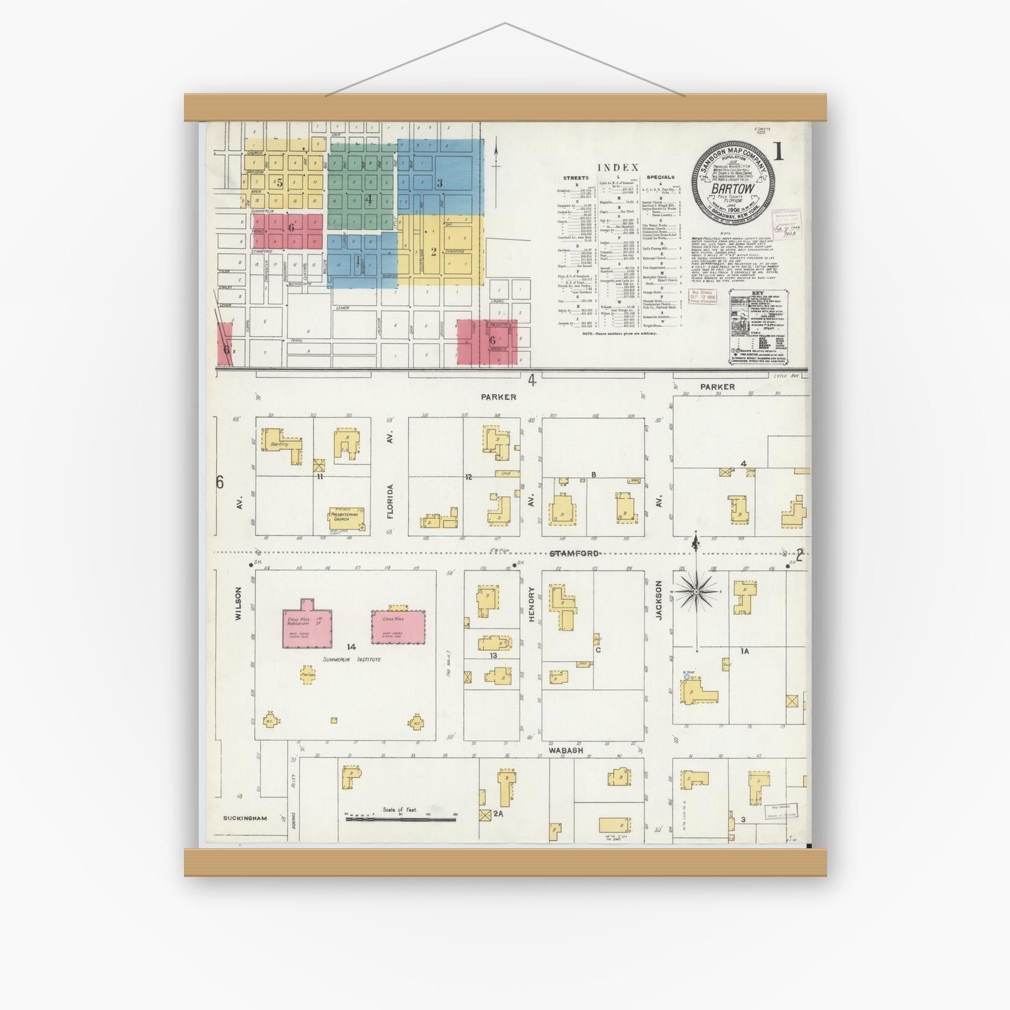 Old map wall art mockup — magnetic wood frame on white wall — Sanborn Fire Insurance Map from Bartow, Polk County, Florida (1906), Sheet #0001
