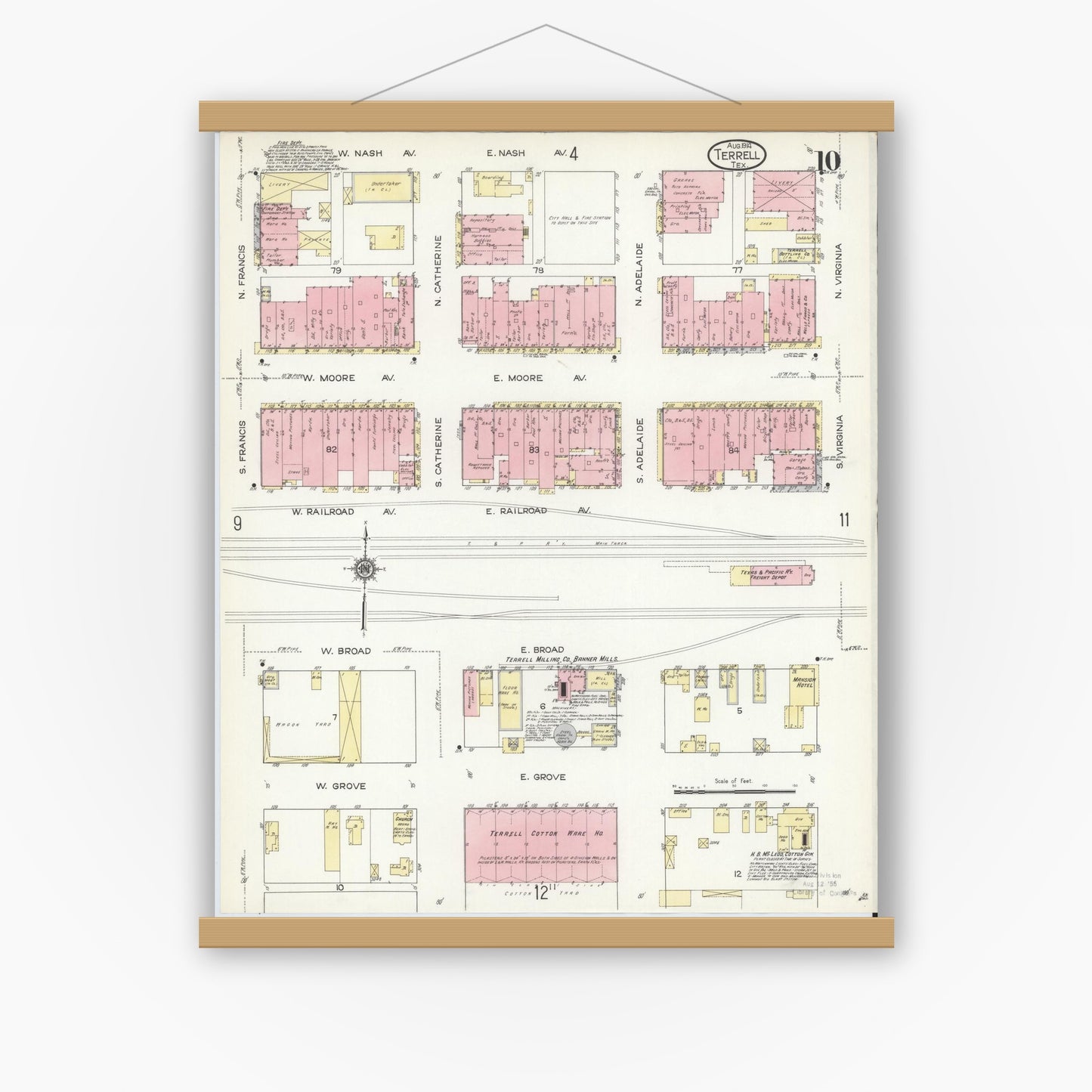 Old map wall art mockup — magnetic wood frame on white wall — Sanborn Fire Insurance Map from Terrell, Kaufman County, Texas (1914), Sheet #0010