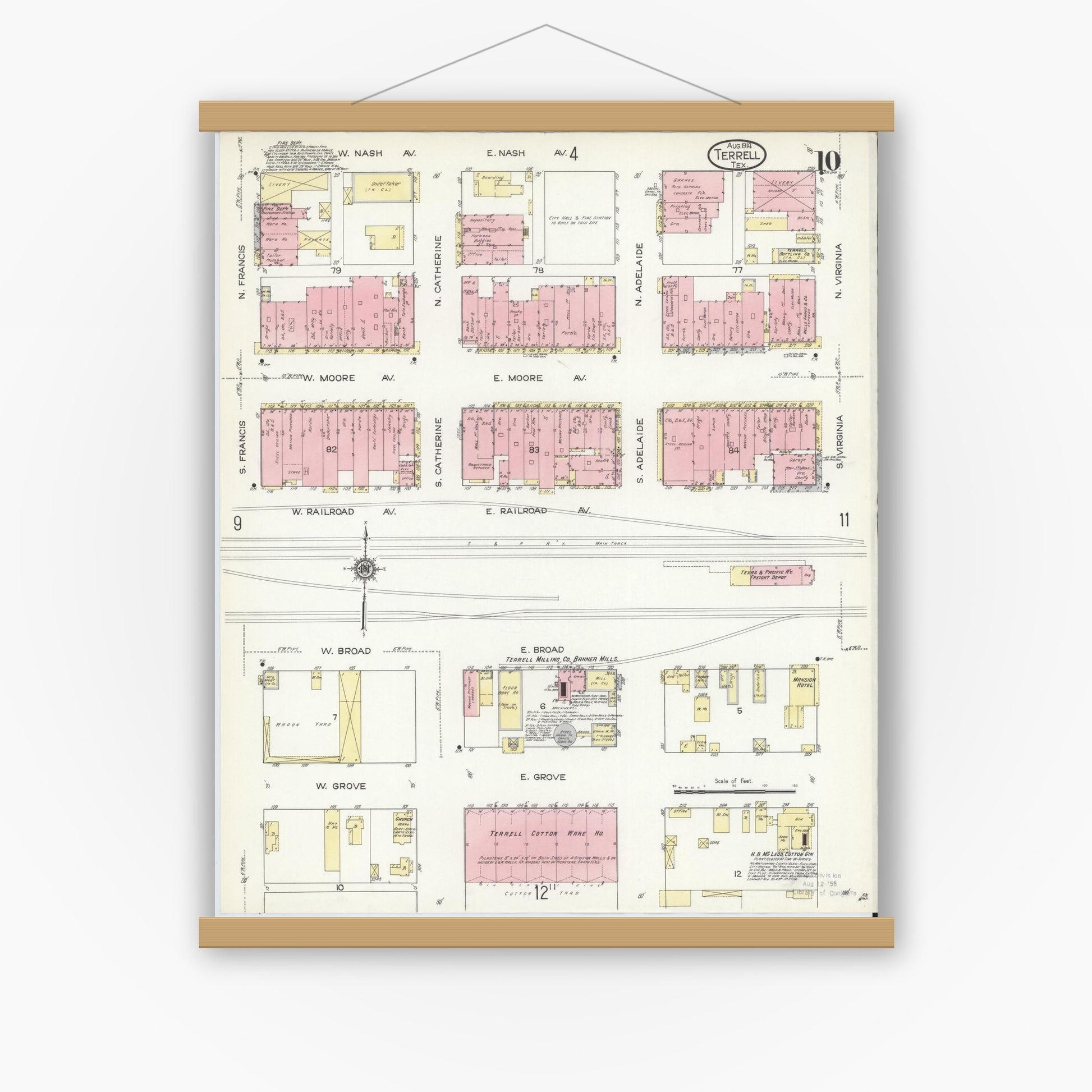 Old map wall art mockup — magnetic wood frame on white wall — Sanborn Fire Insurance Map from Terrell, Kaufman County, Texas (1914), Sheet #0010