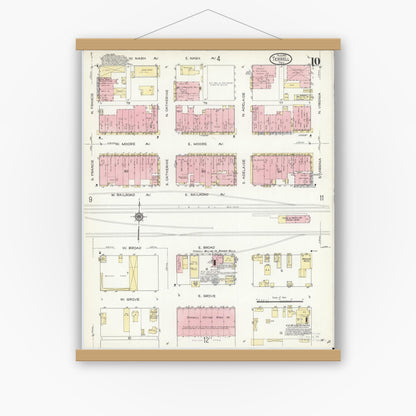Old map wall art mockup — magnetic wood frame on white wall — Sanborn Fire Insurance Map from Terrell, Kaufman County, Texas (1914), Sheet #0010
