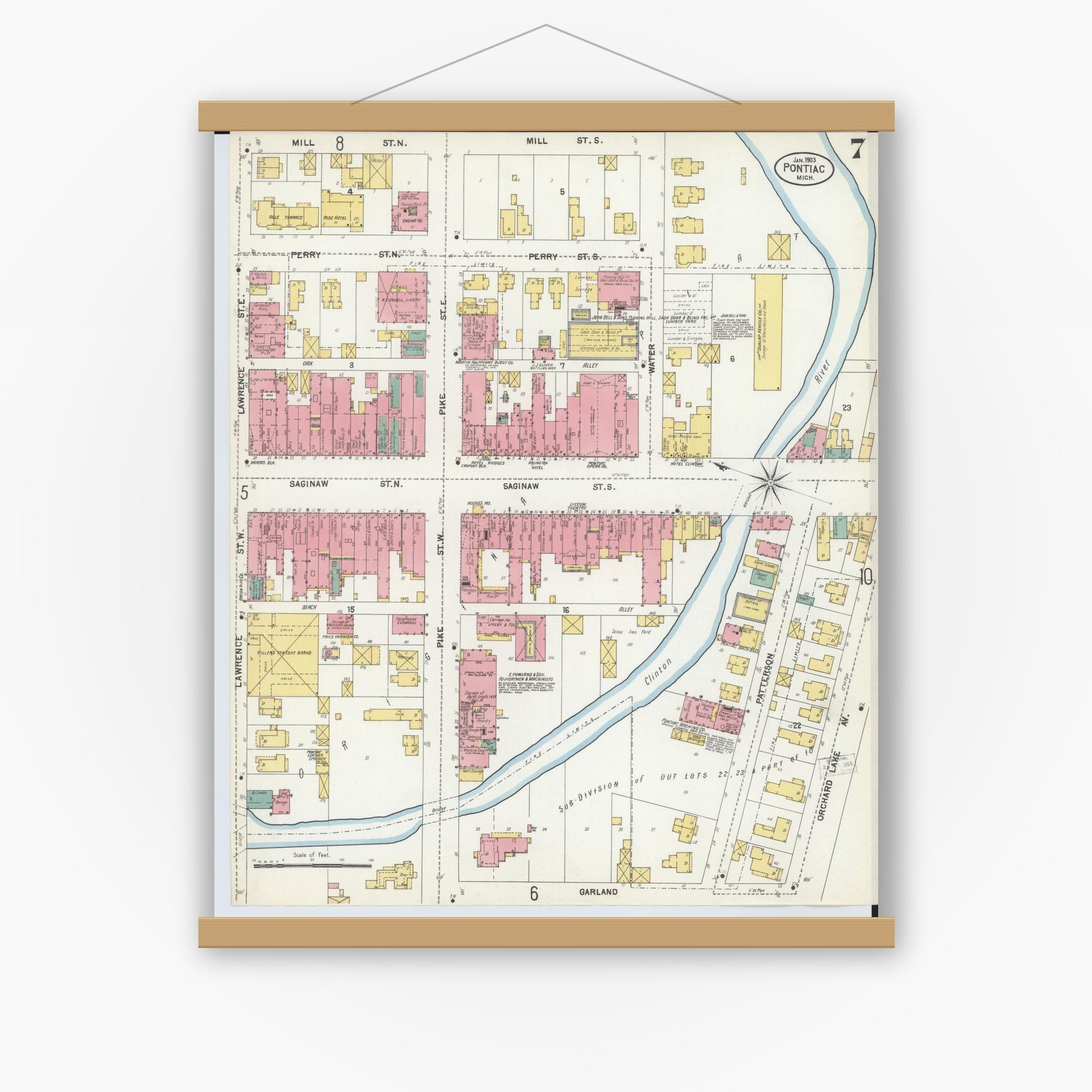 Old map wall art mockup — magnetic wood frame on white wall — Sanborn Fire Insurance Map from Pontiac, Oakland County, Michigan (1903), Sheet #0007