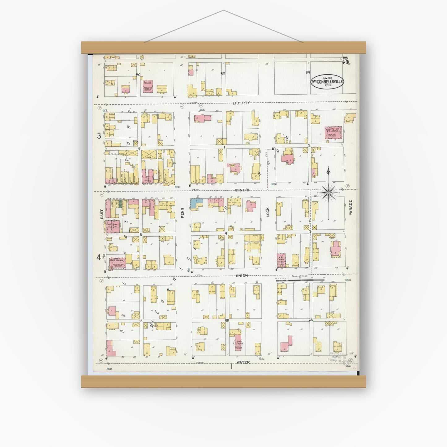 Old map wall art mockup — magnetic wood frame on white wall — Sanborn Fire Insurance Map from McConnelsville, Morgan County, Ohio (1901), Sheet #0005