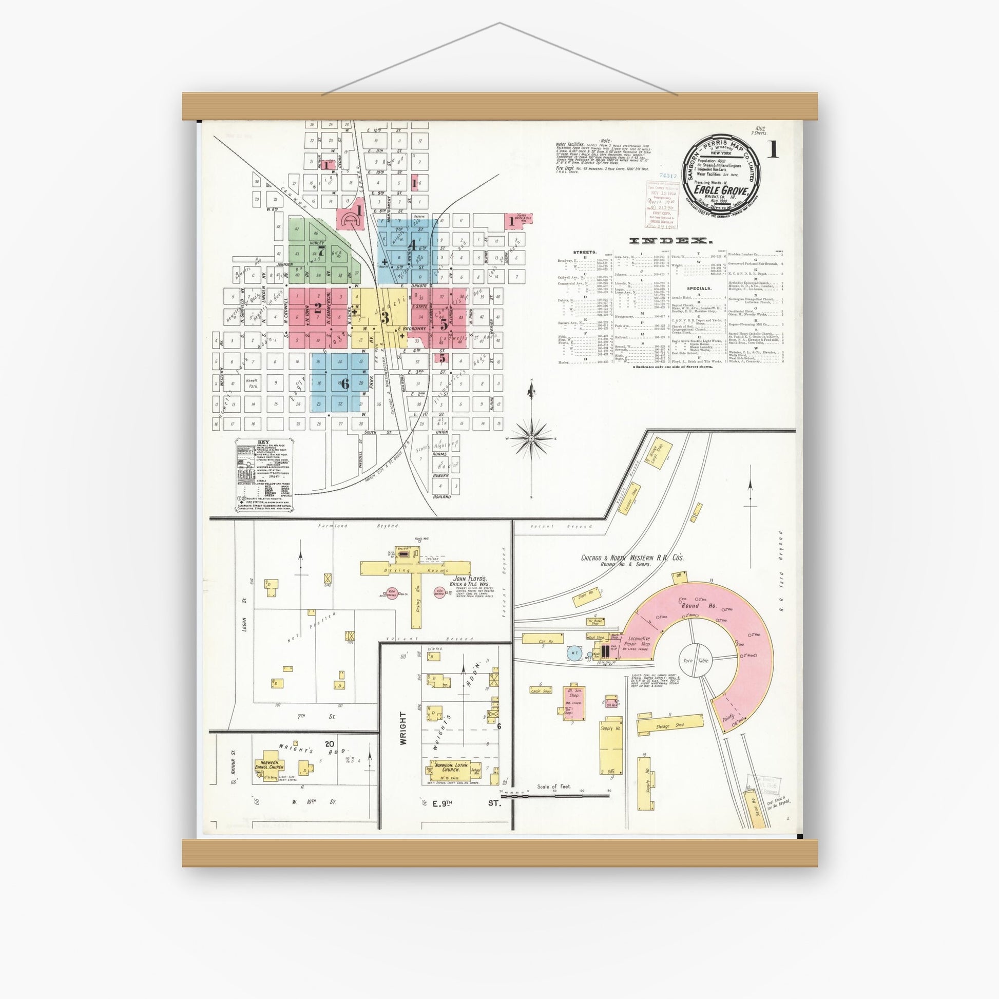 Old map wall art mockup — magnetic wood frame on white wall — Sanborn Fire Insurance Map from Eagle Grove, Wright County, Iowa (1900) â€” Complete Set