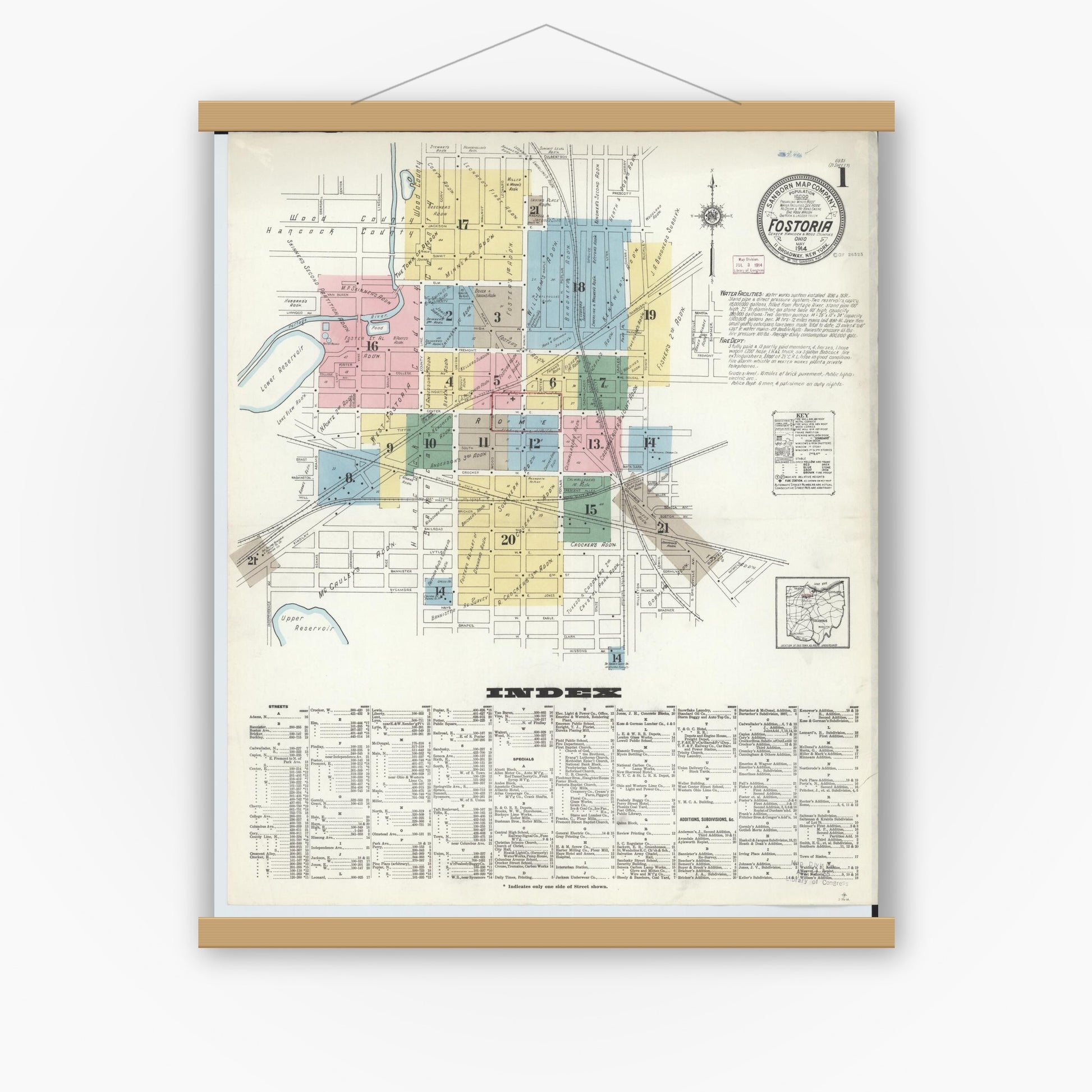 Old map wall art mockup — magnetic wood frame on white wall — Sanborn Fire Insurance Map from Fostoria, Seneca, Hancock, And Wood Counties, Ohio (1914) - Complete Map Set