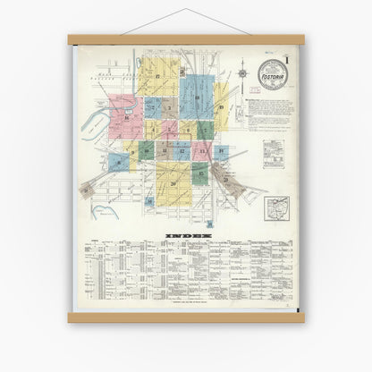 Old map wall art mockup — magnetic wood frame on white wall — Sanborn Fire Insurance Map from Fostoria, Seneca, Hancock, And Wood Counties, Ohio (1914) - Complete Map Set