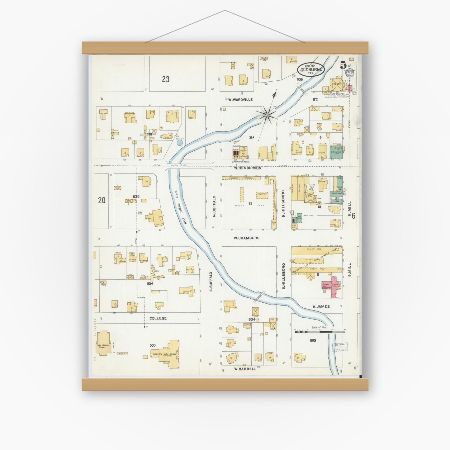 Old map wall art mockup — magnetic wood frame on white wall — Sanborn Fire Insurance Map from Cleburne, Johnson County, Texas (1904), Sheet #0005