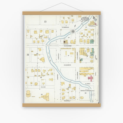 Old map wall art mockup — magnetic wood frame on white wall — Sanborn Fire Insurance Map from Cleburne, Johnson County, Texas (1904), Sheet #0005