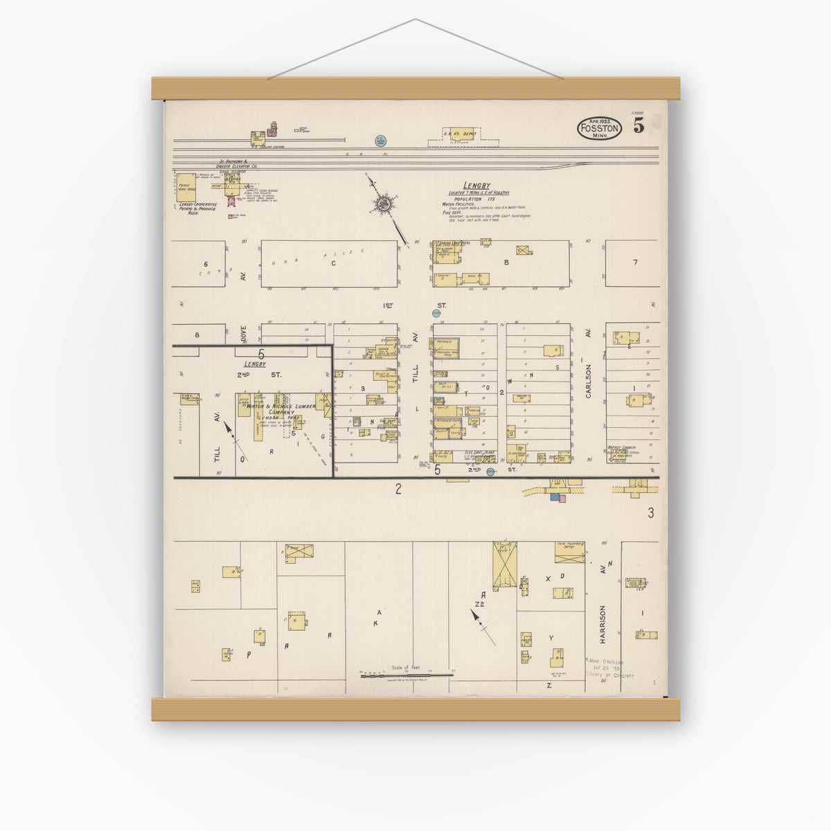Old map wall art mockup — magnetic wood frame on white wall — Sanborn Fire Insurance Map from Fosston, Polk County, Minnesota (1922), Sheet #0005