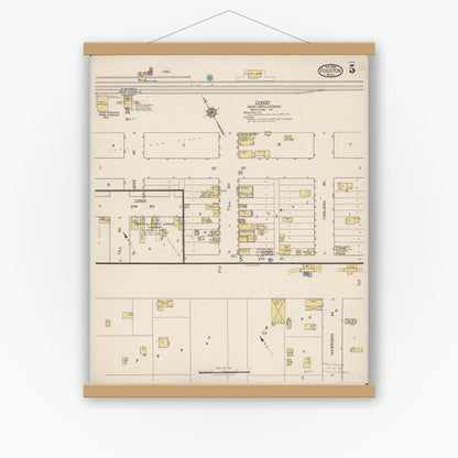Old map wall art mockup — magnetic wood frame on white wall — Sanborn Fire Insurance Map from Fosston, Polk County, Minnesota (1922), Sheet #0005