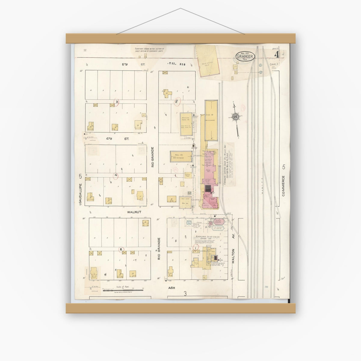 Old map wall art mockup — magnetic wood frame on white wall — Sanborn Fire Insurance Map from Granger, Williamson County, Texas (1940), Sheet #0004