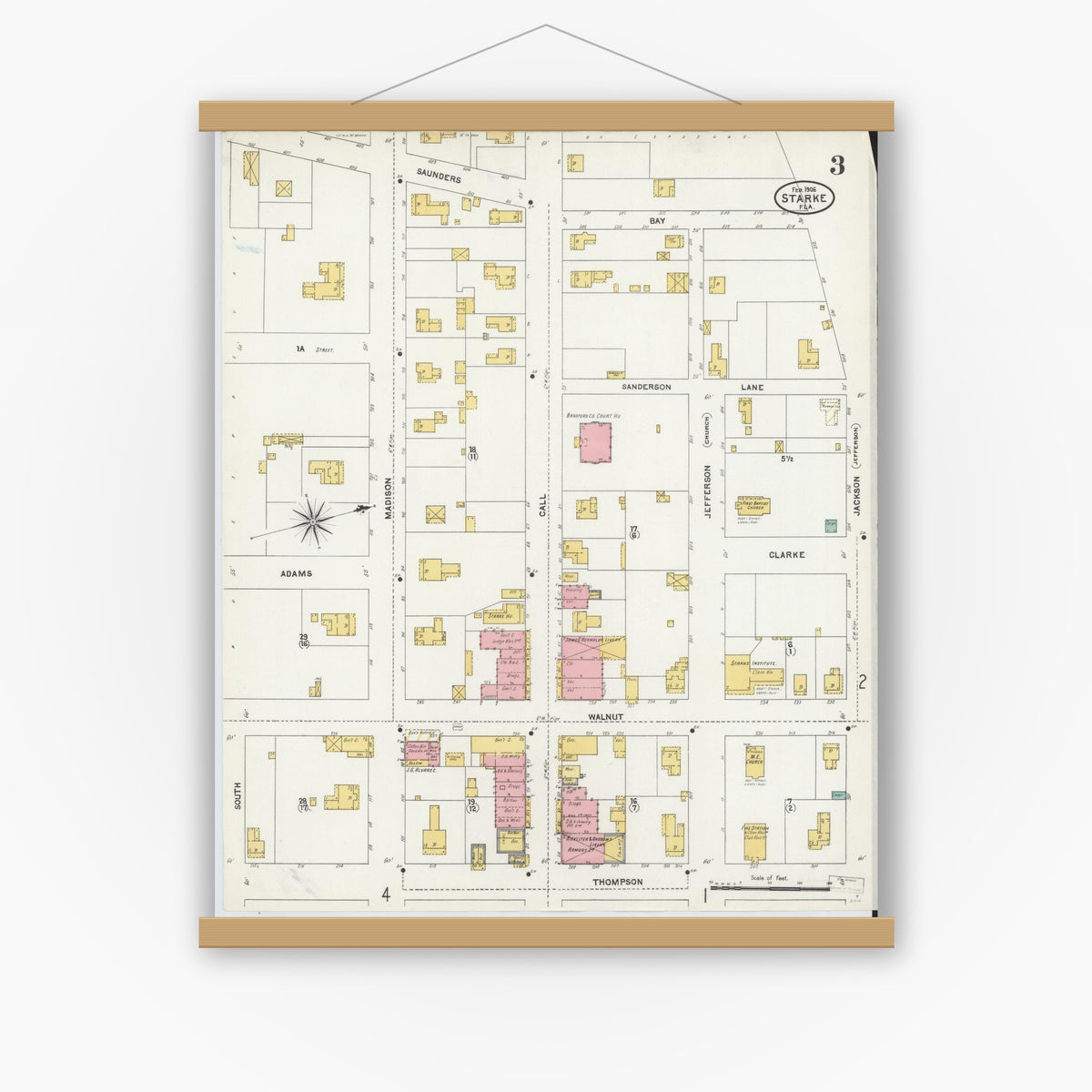 Old map wall art mockup — magnetic wood frame on white wall — Sanborn Fire Insurance Map from Starke, Bradford County, Florida (1906), Sheet #0003