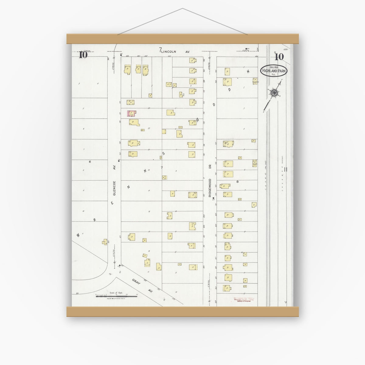 Old map wall art mockup — magnetic wood frame on white wall — Sanborn Fire Insurance Map from Highland Park, Lake County, Illinois (1924), Sheet #0010