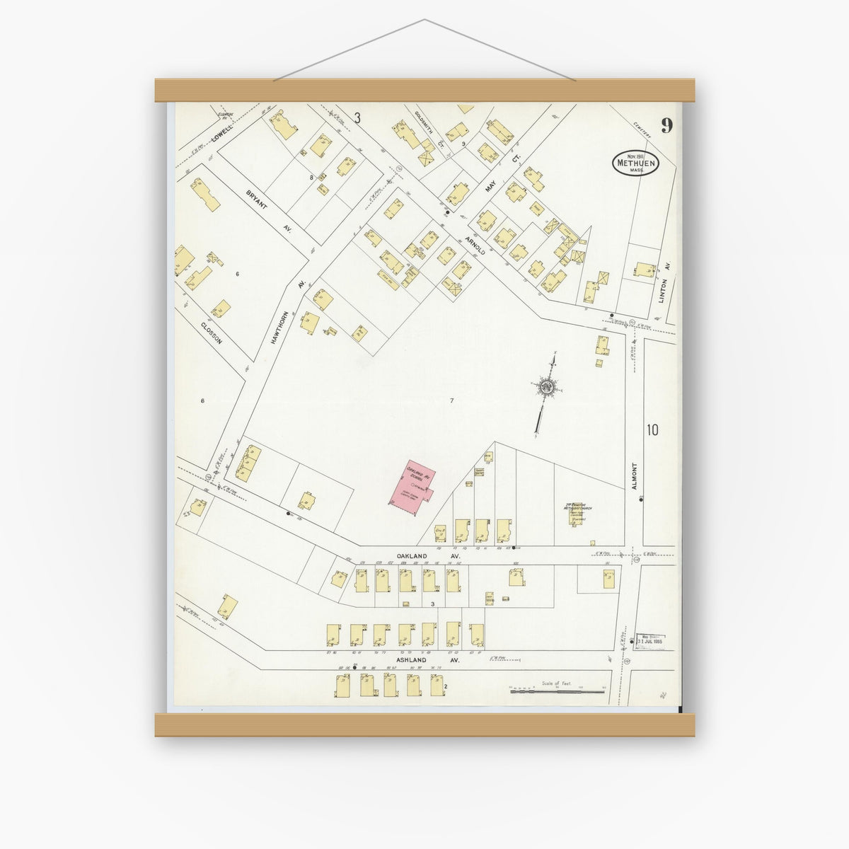 Old map wall art mockup — magnetic wood frame on white wall — Sanborn Fire Insurance Map from Methuen, Essex County, Massachusetts (1911), Sheet #0009