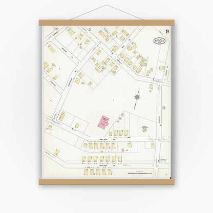 Old map wall art mockup — magnetic wood frame on white wall — Sanborn Fire Insurance Map from Methuen, Essex County, Massachusetts (1911), Sheet #0009