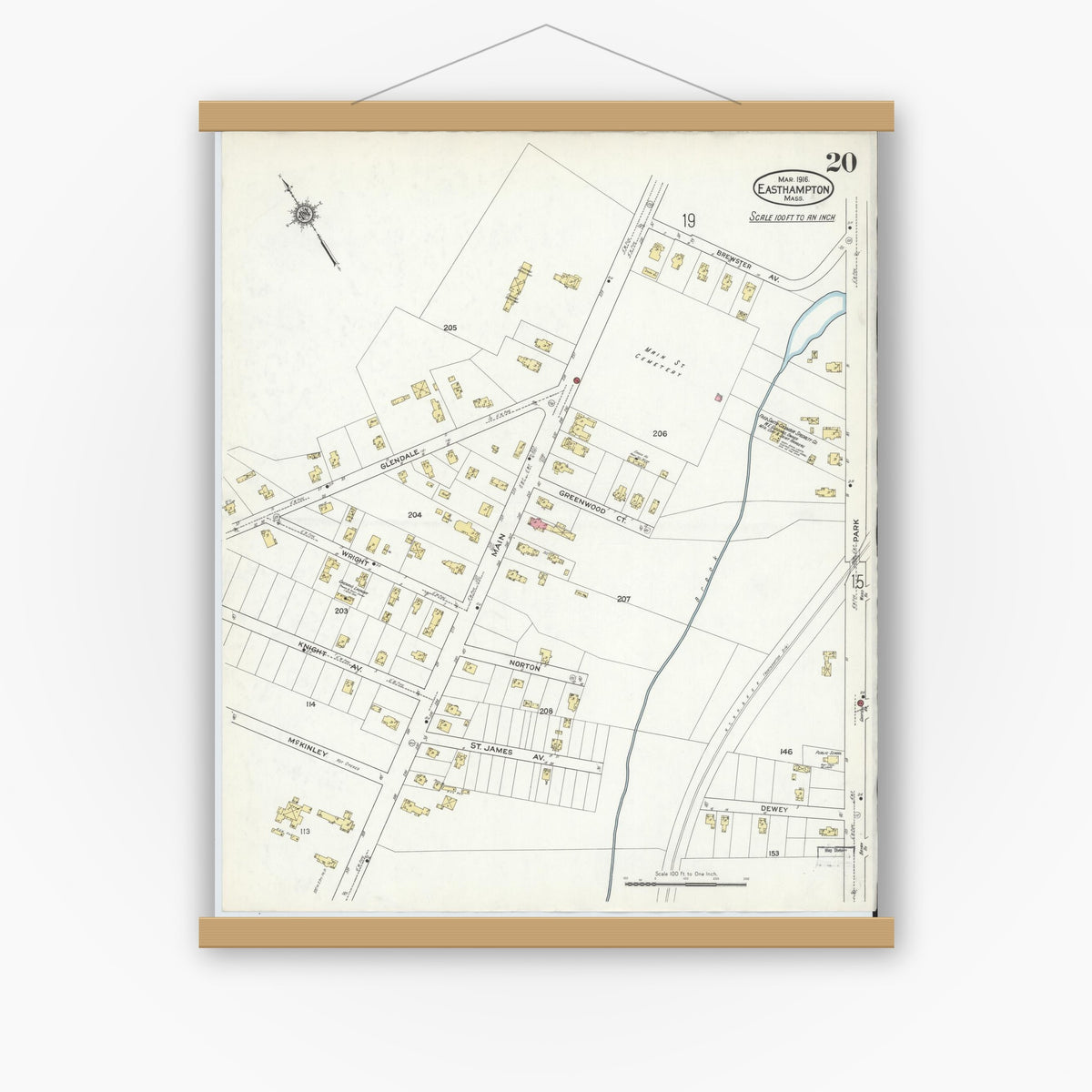 Old map wall art mockup — magnetic wood frame on white wall — Sanborn Fire Insurance Map from East Hampton, Hampshire County, Massachusetts (1916), Sheet #0020