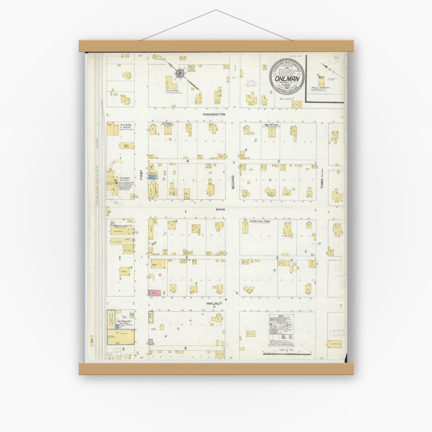 Old map wall art mockup — magnetic wood frame on white wall — Sanborn Fire Insurance Map from Ohlman, Montgomery County, Illinois (1912), Sheet #0001