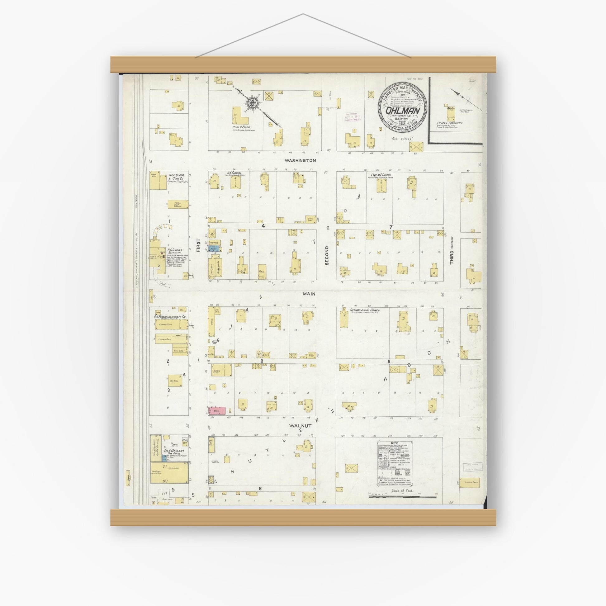 Old map wall art mockup — magnetic wood frame on white wall — Sanborn Fire Insurance Map from Ohlman, Montgomery County, Illinois (1912), Sheet #0001