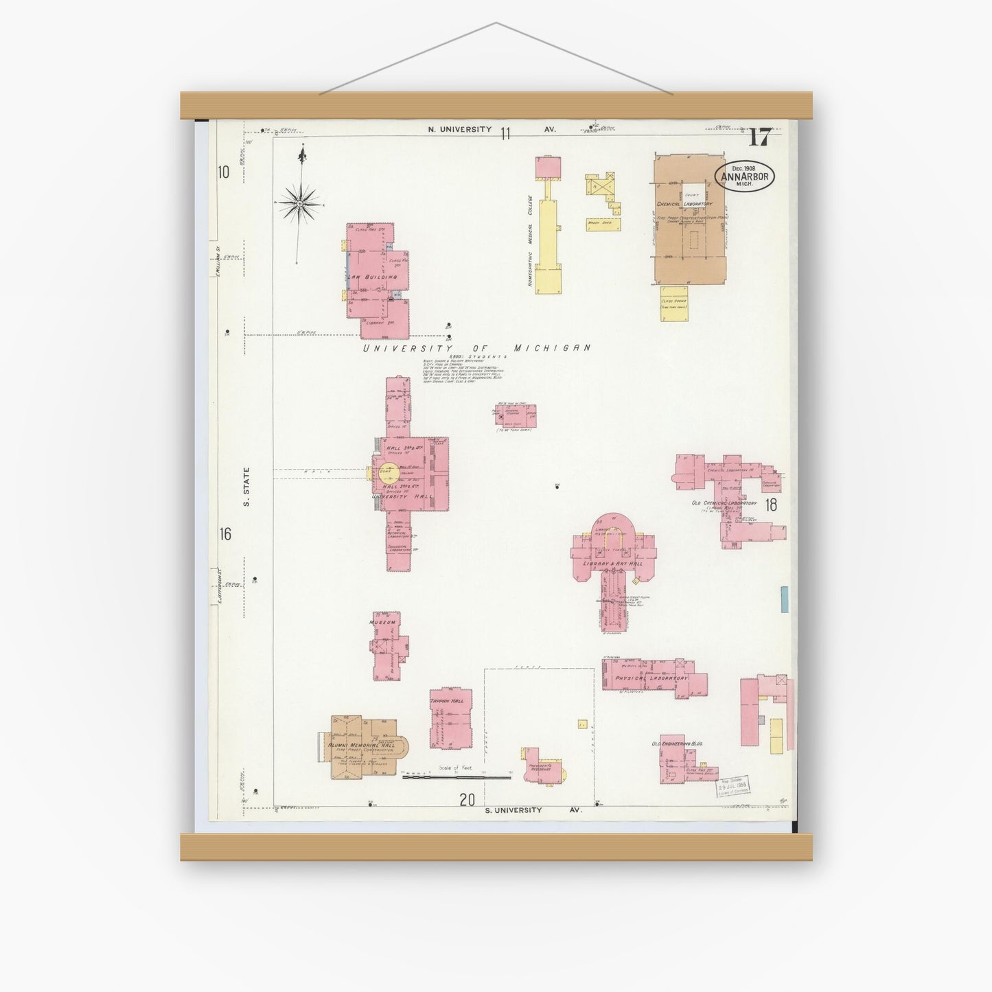 Old map wall art mockup — magnetic wood frame on white wall — Sanborn Fire Insurance Map from Ann Arbor, Washtenaw County, Michigan (1908), Sheet #0017