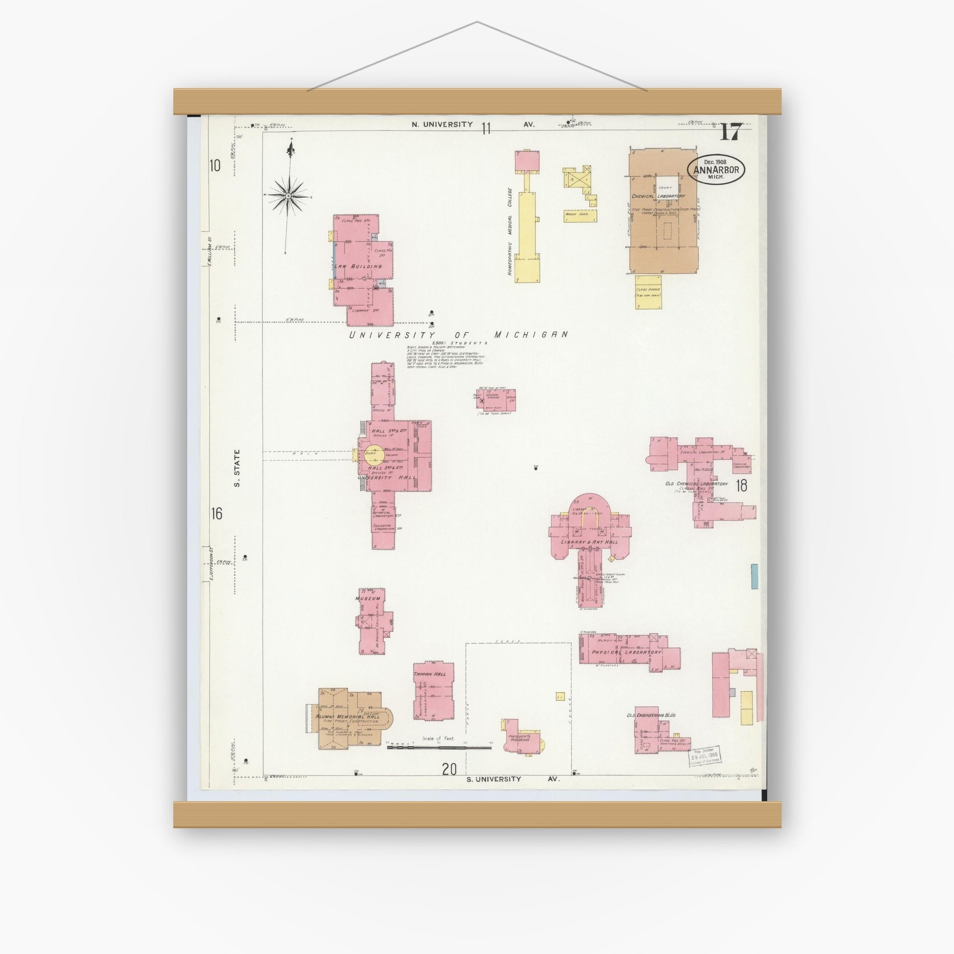 Old map wall art mockup — magnetic wood frame on white wall — Sanborn Fire Insurance Map from Ann Arbor, Washtenaw County, Michigan (1908), Sheet #0017