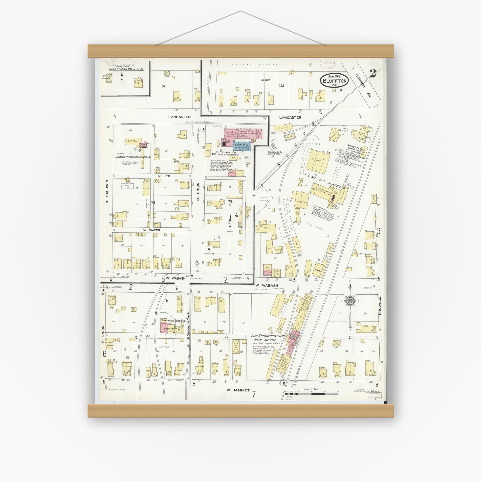 Old map wall art mockup — magnetic wood frame on white wall — Sanborn Fire Insurance Map from Bluffton, Wells County, Indiana (1912), Sheet #0002