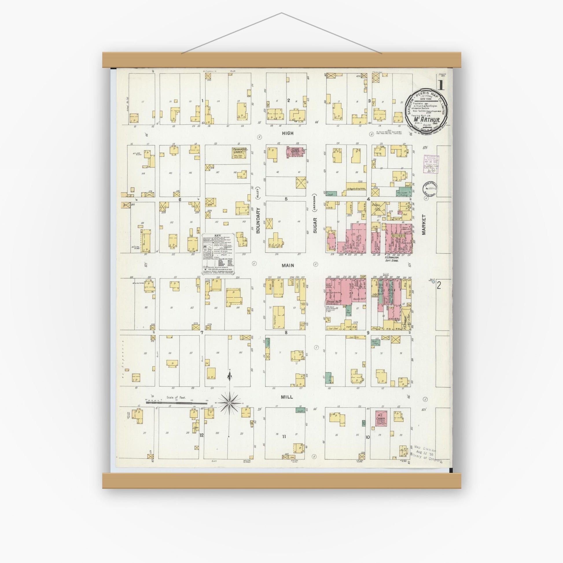 Old map wall art mockup — magnetic wood frame on white wall — Sanborn Fire Insurance Map from McArthur, Vinton County, Ohio (1901) - Complete Map Set