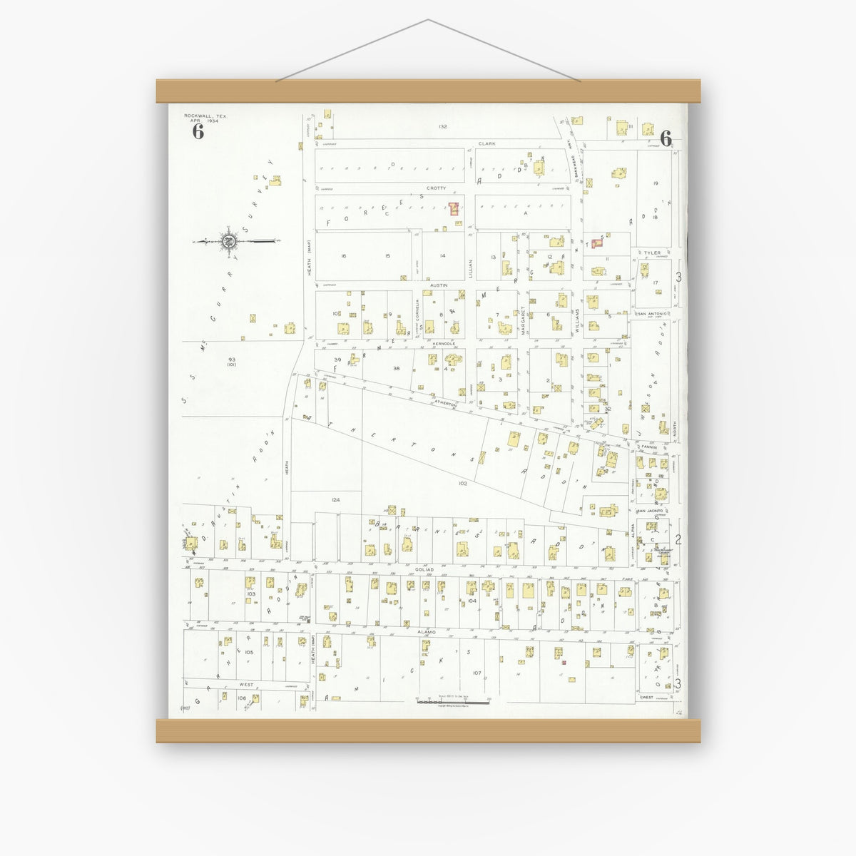Old map wall art mockup — magnetic wood frame on white wall — Sanborn Fire Insurance Map from Rockwall, Rockwall County, Texas (1934), Sheet #0006