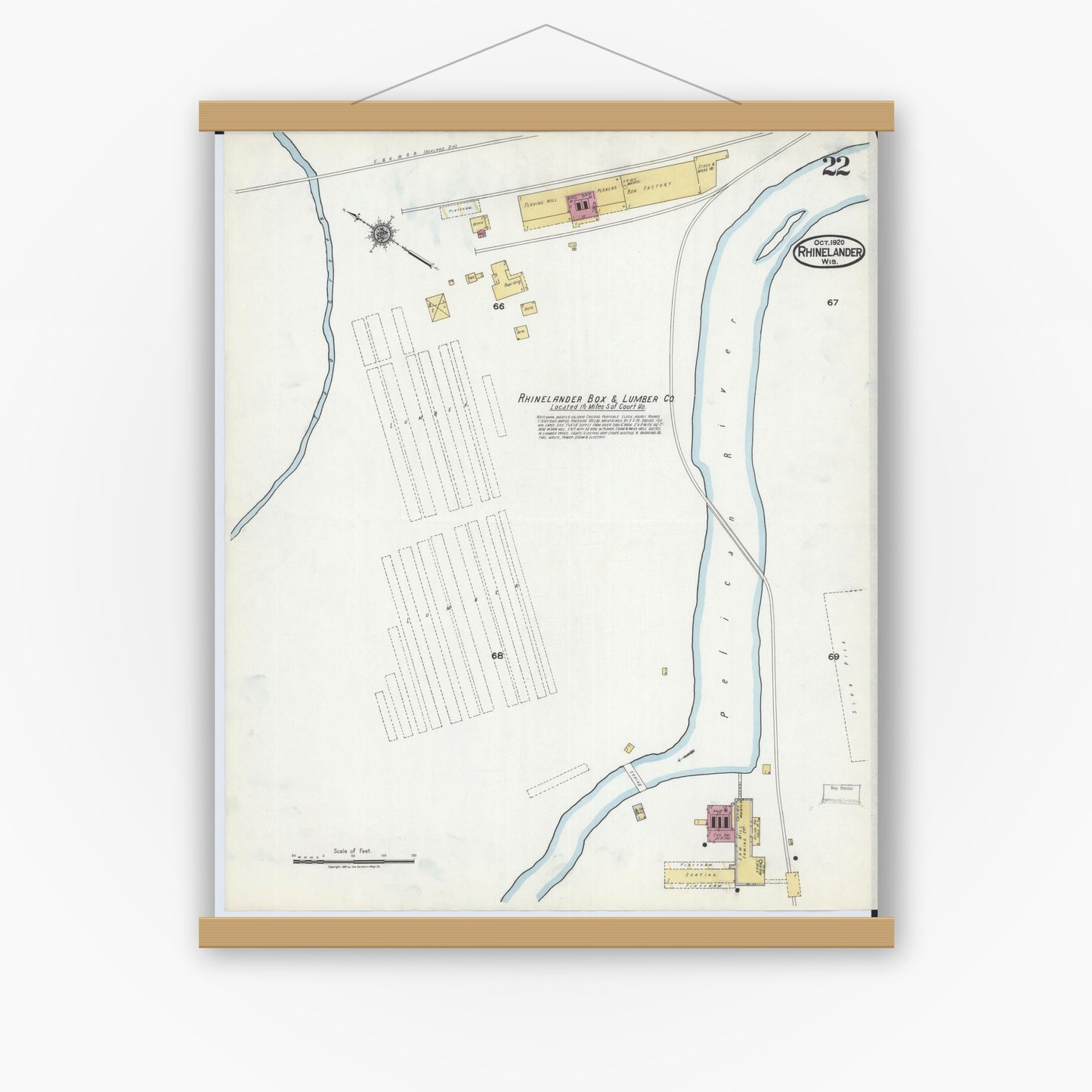 Old map wall art mockup — magnetic wood frame on white wall — Sanborn Fire Insurance Map from Rhinelander, Oneida County, Wisconsin (1920), Sheet #0022