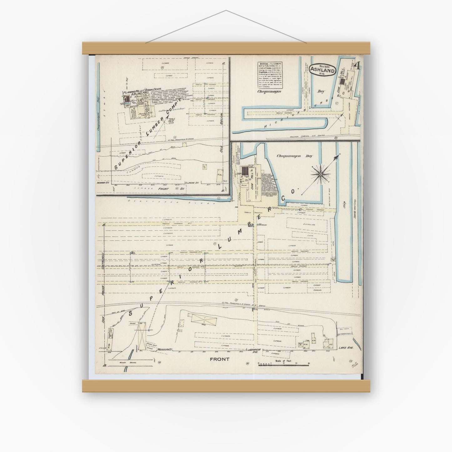 Old map wall art mockup — magnetic wood frame on white wall — Sanborn Fire Insurance Map from Ashland, Ashland County, Wisconsin (1884), Sheet #0004