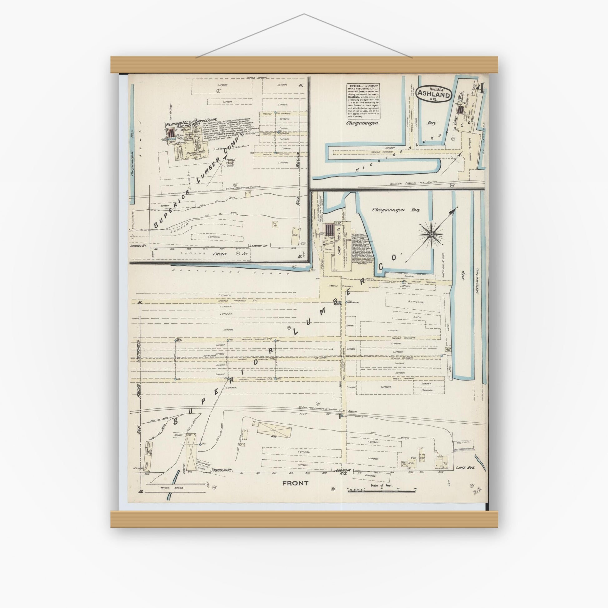 Old map wall art mockup — magnetic wood frame on white wall — Sanborn Fire Insurance Map from Ashland, Ashland County, Wisconsin (1884), Sheet #0004