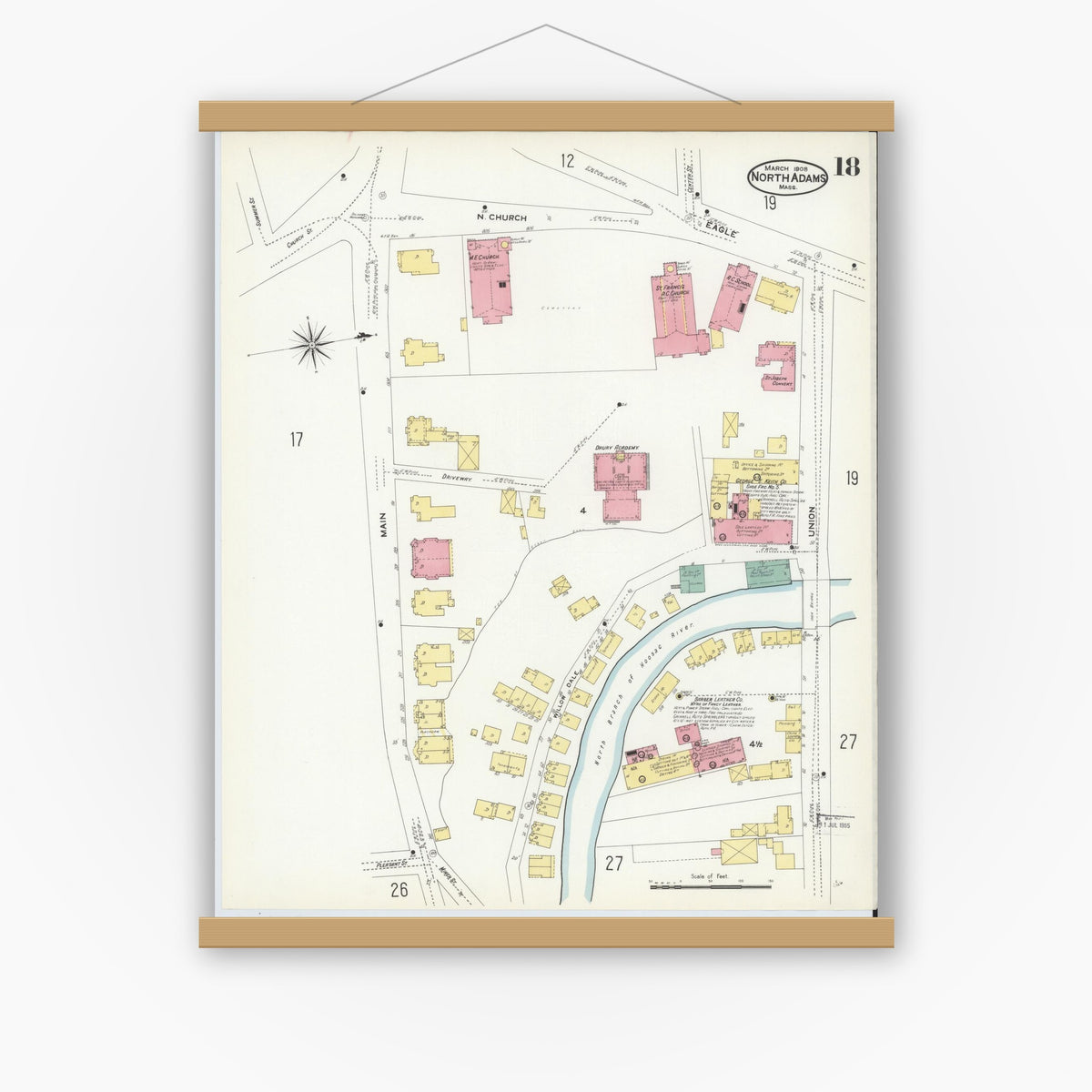 Old map wall art mockup — magnetic wood frame on white wall — Sanborn Fire Insurance Map from North Adams, Berkshire County, Massachusetts (1908), Sheet #0018