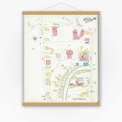 Old map wall art mockup — magnetic wood frame on white wall — Sanborn Fire Insurance Map from North Adams, Berkshire County, Massachusetts (1908), Sheet #0018