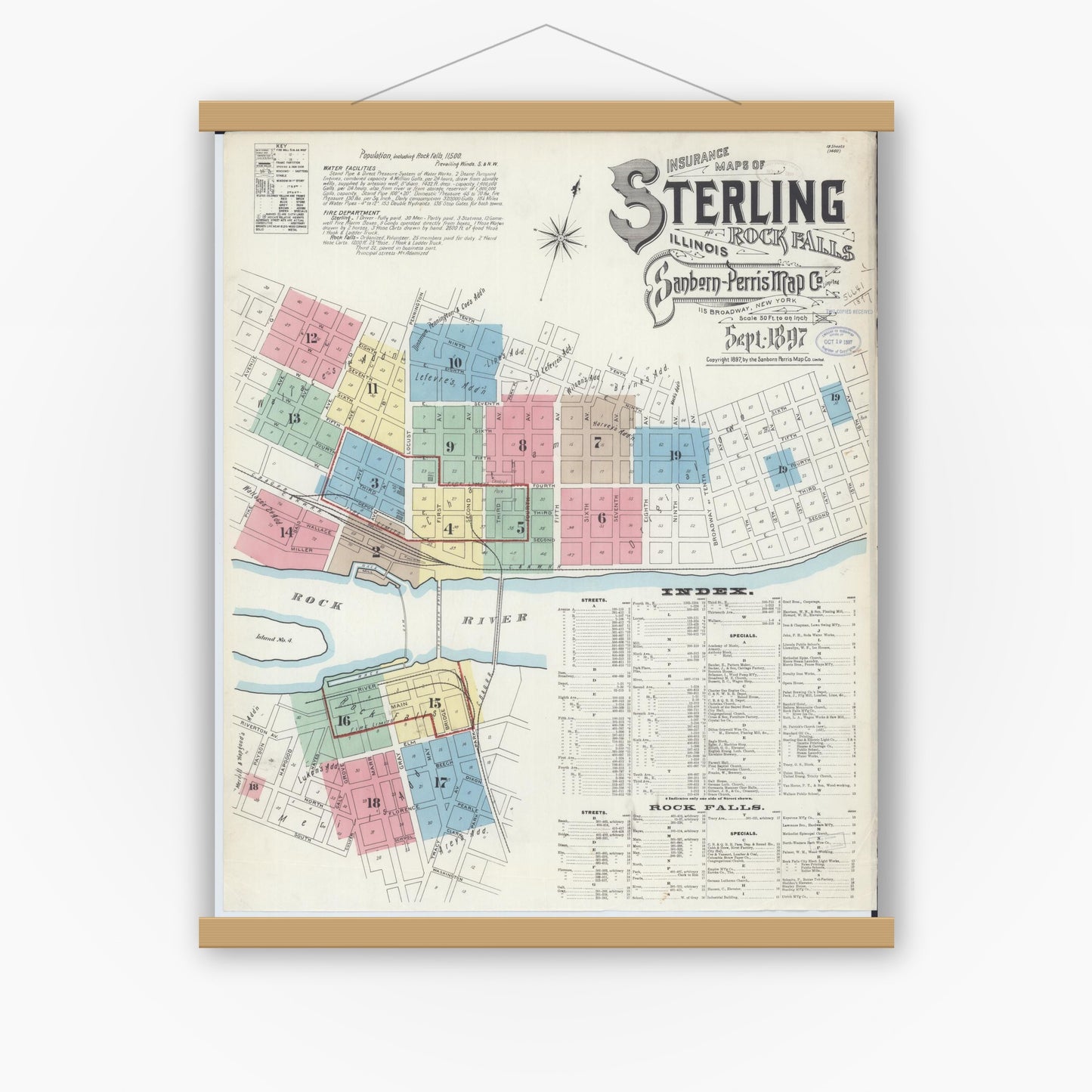 Old map wall art mockup — magnetic wood frame on white wall — Sanborn Fire Insurance Map from Sterling, Whiteside County, Illinois (1897) - Complete Map Set