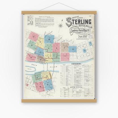 Old map wall art mockup — magnetic wood frame on white wall — Sanborn Fire Insurance Map from Sterling, Whiteside County, Illinois (1897) - Complete Map Set