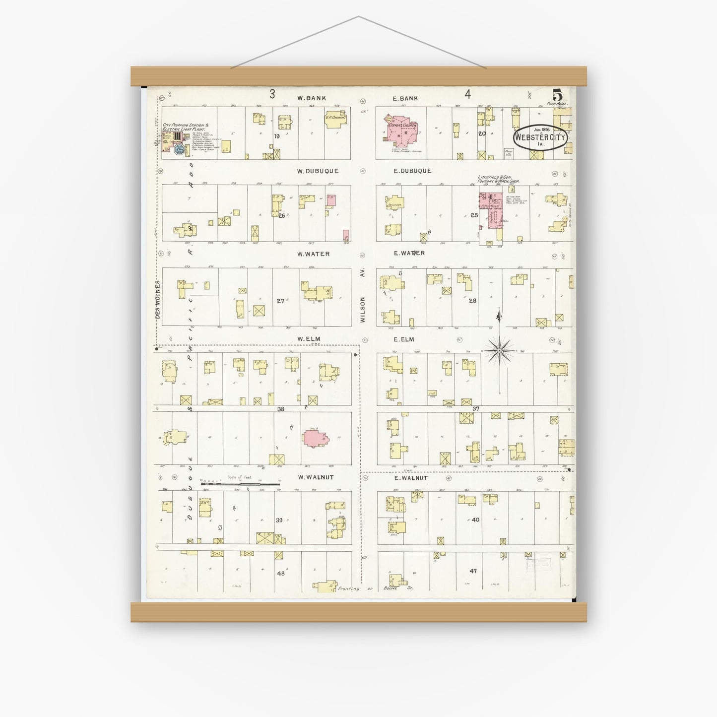 Old map wall art mockup — magnetic wood frame on white wall — Sanborn Fire Insurance Map from Webster City, Hamilton County, Iowa (1896), Sheet #0005
