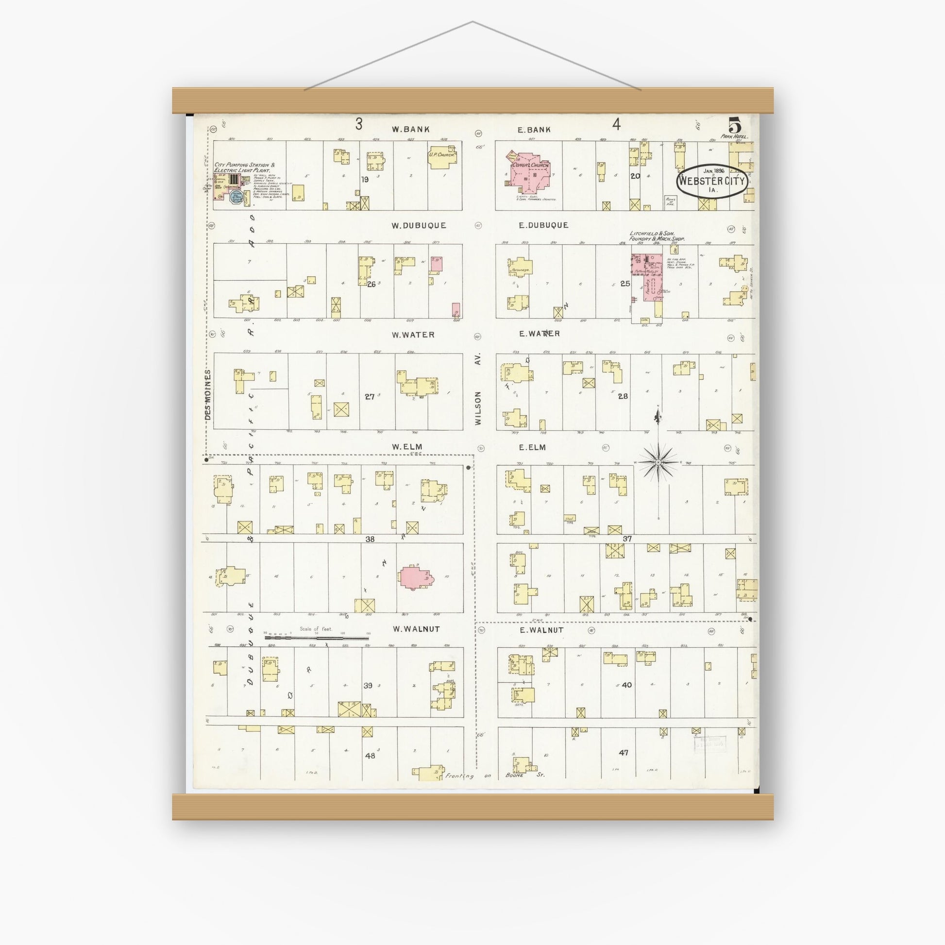 Old map wall art mockup — magnetic wood frame on white wall — Sanborn Fire Insurance Map from Webster City, Hamilton County, Iowa (1896), Sheet #0005