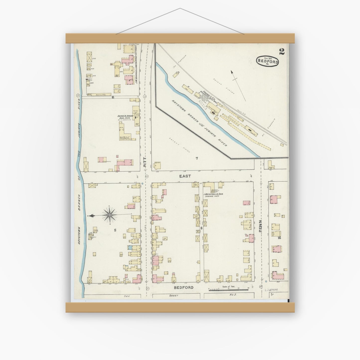 Old map wall art mockup — magnetic wood frame on white wall — Sanborn Fire Insurance Map from Bedford, Bedford County, Pennsylvania (1891), Sheet #0002